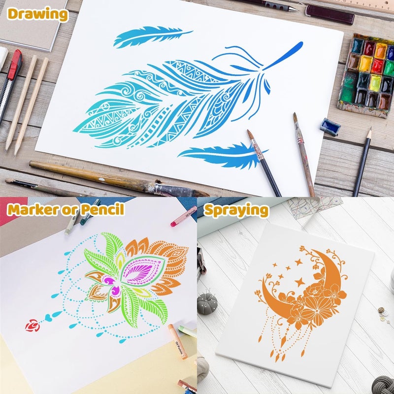 Resflyar 12 PCS Large Mandala Stencils Reusable Floral Moon Mandala Templates Vintage Flower Stencil for Painting on Floor Wood Wall Tile Fabric Furniture DIY Crafts Home Decor 8.3 x 11.7 Inch, A4 Size - Image 5
